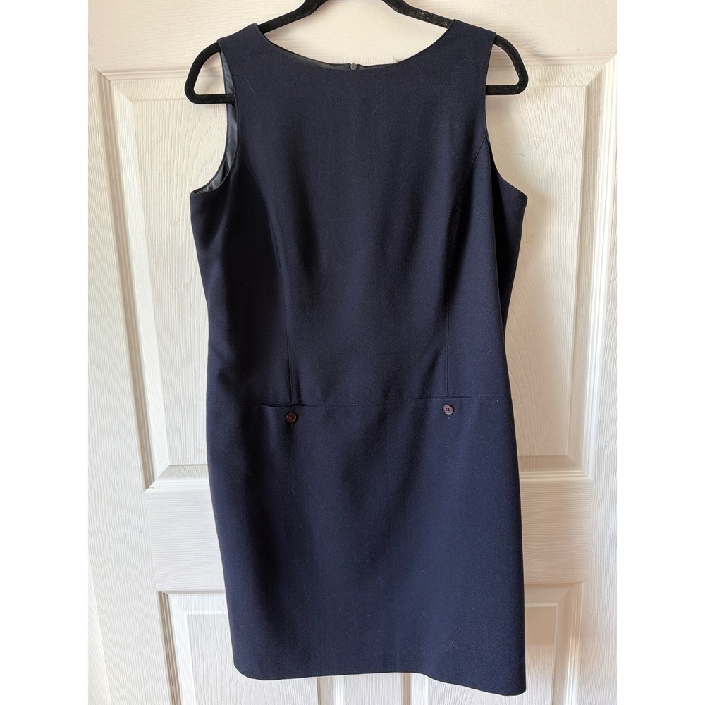 Laura Ashley Shift Dress Women 12 Navy Blue Pure New Wool Sleeveless Mod Office